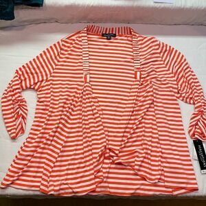 Perceptions Woman Orange White Striped Open Front Ruched Sleeve Cardigan 18W NEW